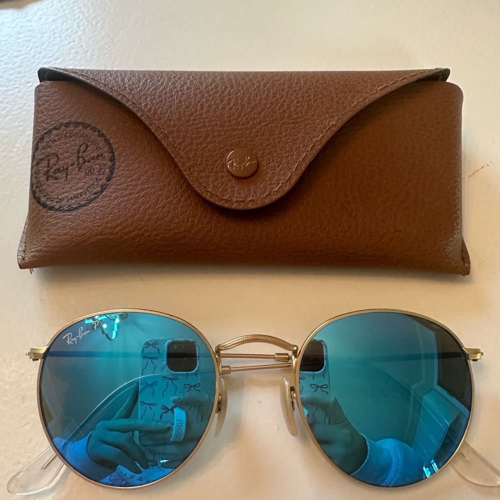 Ray-Ban Gold Frame Sunglasses with Blue Lenses